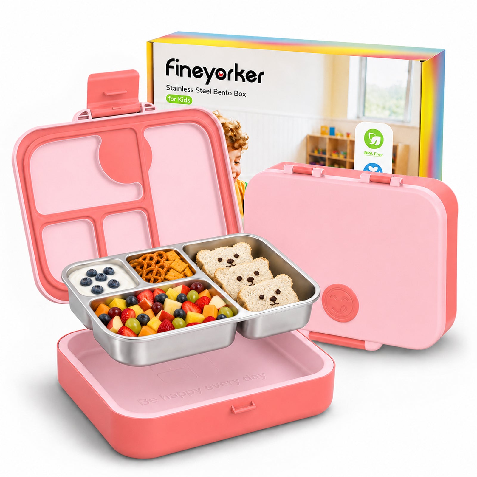Pink Fineyorker kids stainless steel lunch box